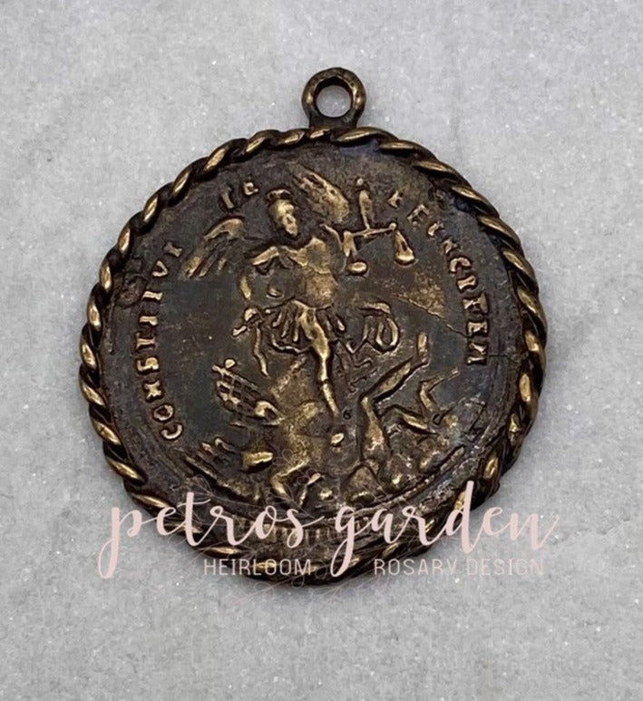 Solid Bronze SAINT MICHAEL ROPE BORDER Catholic Medal, Catholic Pendant Jewelry, Religious Charm, Antique/Vintage Reproduction #PG7138
