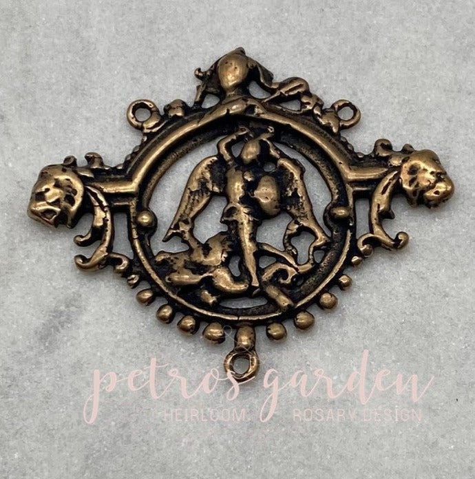 Solid Bronze SAINT MICHAEL With LIONS Centerpiece, Rosary Center, Catholic Connector, Religious Jewelry, Antique/Vintage Reproduction #PG2115