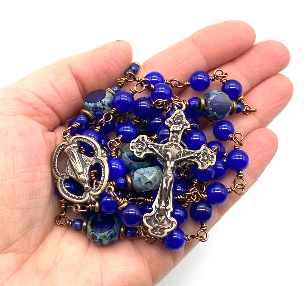 Sapphire Jade Gemstone Wire Wrapped Catholic Heirloom Rosary LARGE