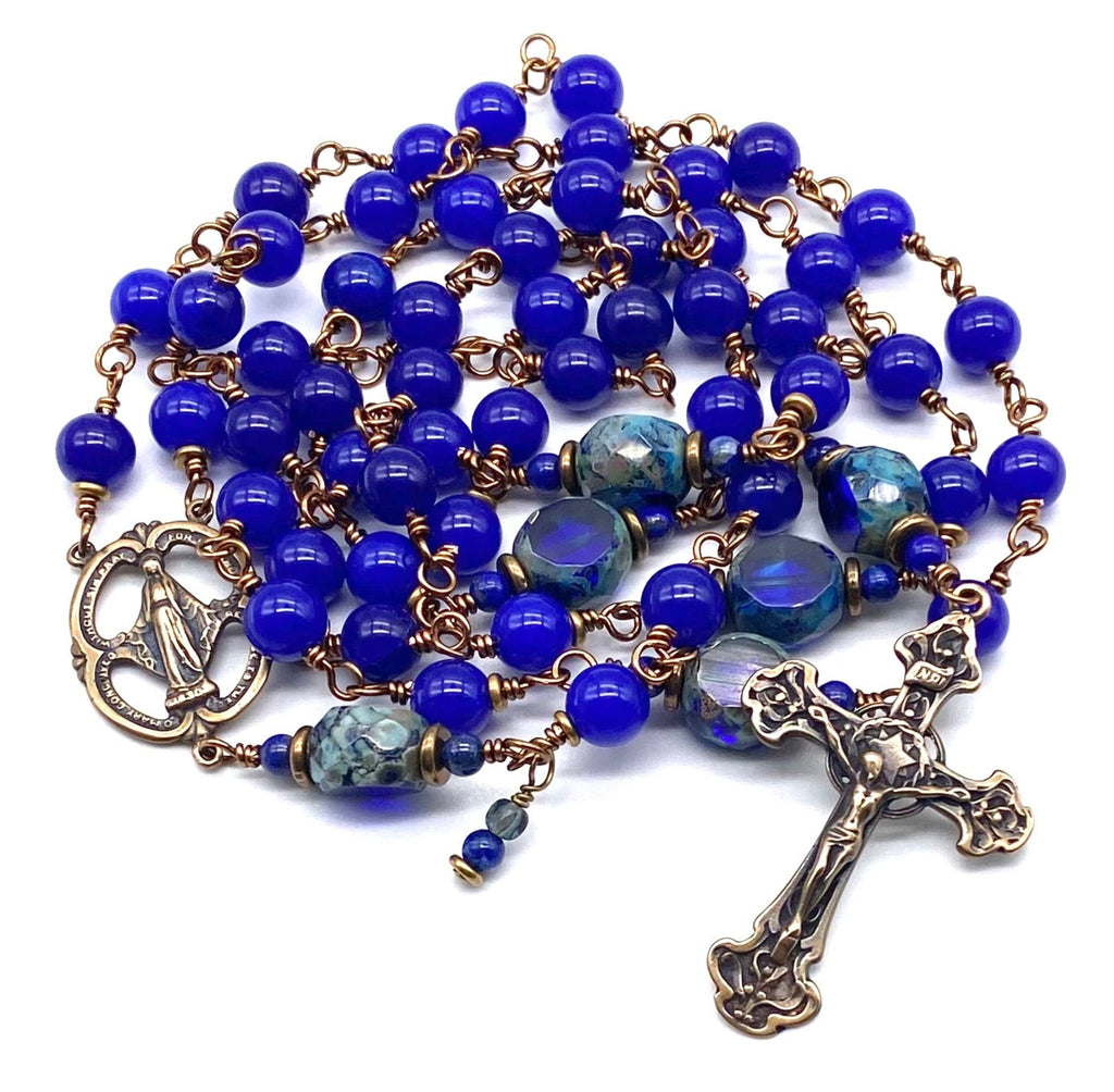 Sapphire Jade Gemstone Wire Wrapped Catholic Heirloom Rosary LARGE