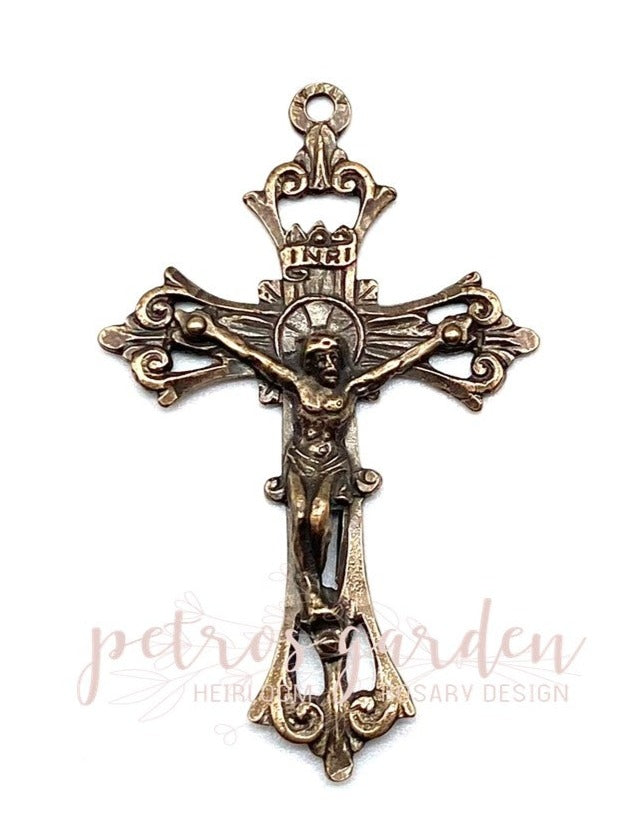 Solid Bronze SCROLLED OPENWORK Rosary Crucifix, Catholic Pendant, Antique/Vintage Reproduction #PG3128