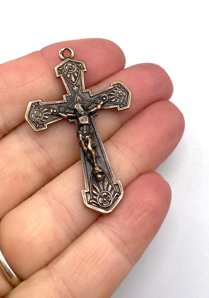 Solid Bronze SHIELD DESIGN Crucifix, Catholic Pendant, Antique/Vintage Reproduction #PG3134