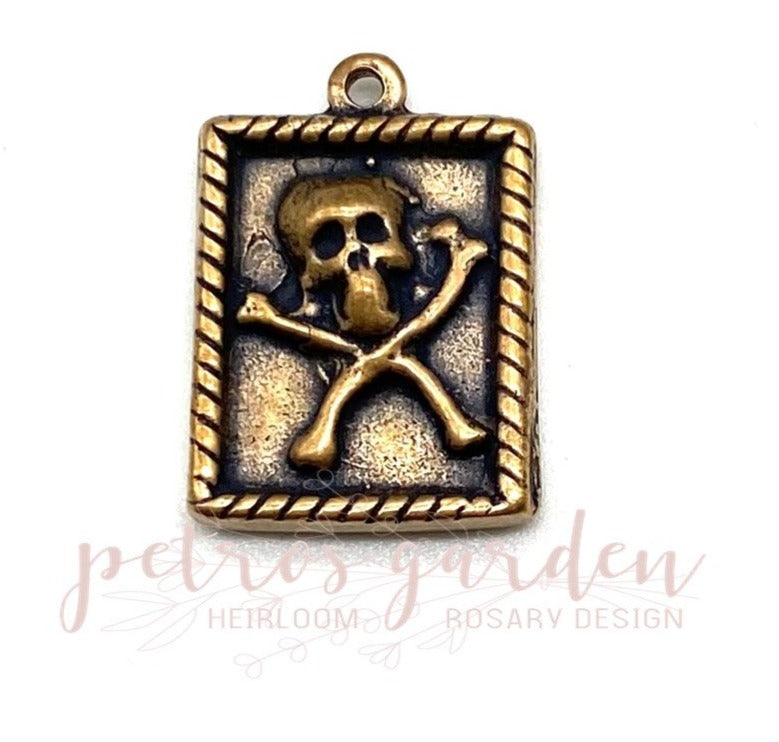 Solid Bronze SKULL & CROSSBONES Catholic Medal Pendant, Religious Charms, Antique/Vintage Reproduction #PG7123