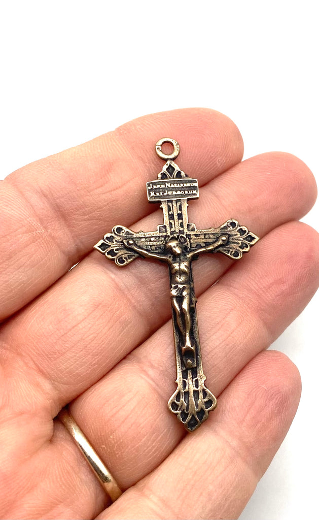 Solid Bronze SLENDER PARDON Rosary Crucifix Antique Vintage Reproduction #PG4144
