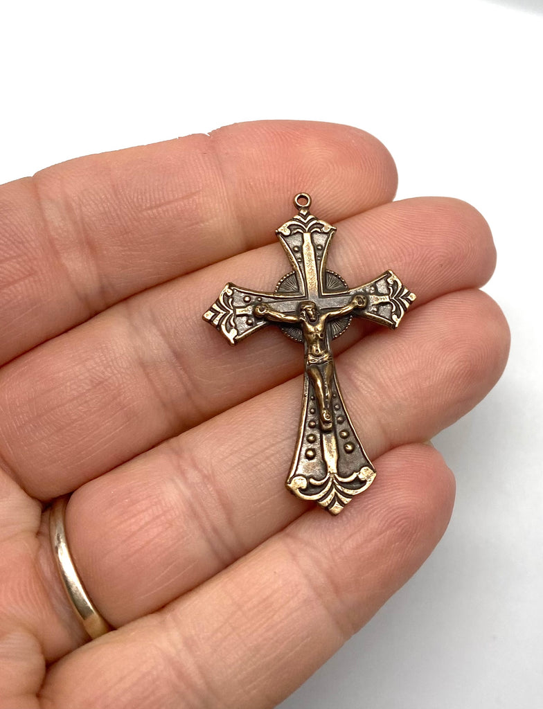 Solid Bronze SMALL ROMA WITH DOTS Rosary Crucifix, Catholic Pendant, Antique/Vintage Reproduction #PG3137