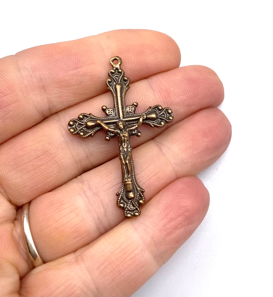 Solid Bronze SO PRETTY WITH DOTS Crucifix, Rosary Parts, Catholic Pendant Jewelry, Religious Charm, Antique/Vintage Reproduction #PG3146