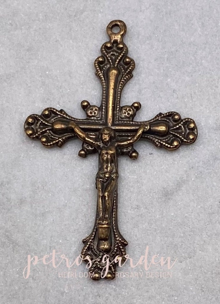 Solid Bronze SO PRETTY WITH DOTS Crucifix, Rosary Parts, Catholic Pendant Jewelry, Religious Charm, Antique/Vintage Reproduction #PG3146