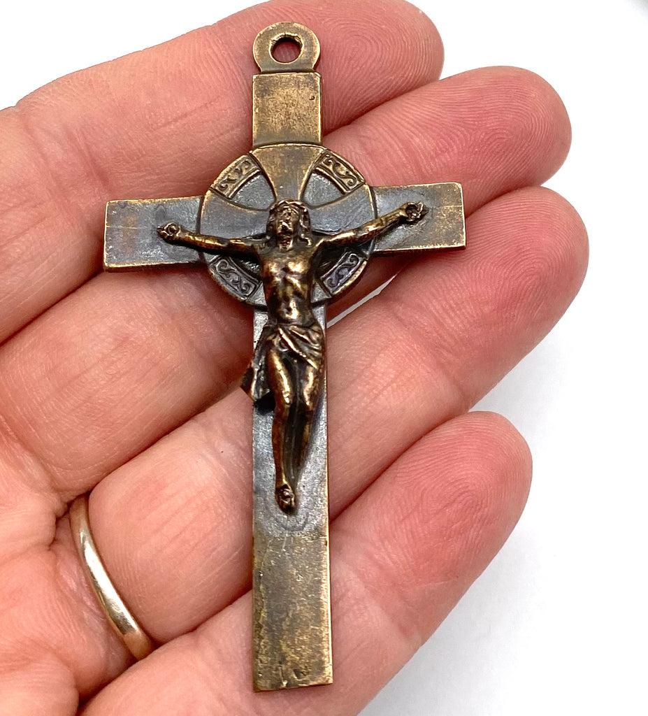 Solid Bronze LARGE SPANISH 19C Rosary Crucifix Antique Vintage Reproduction #PG4126
