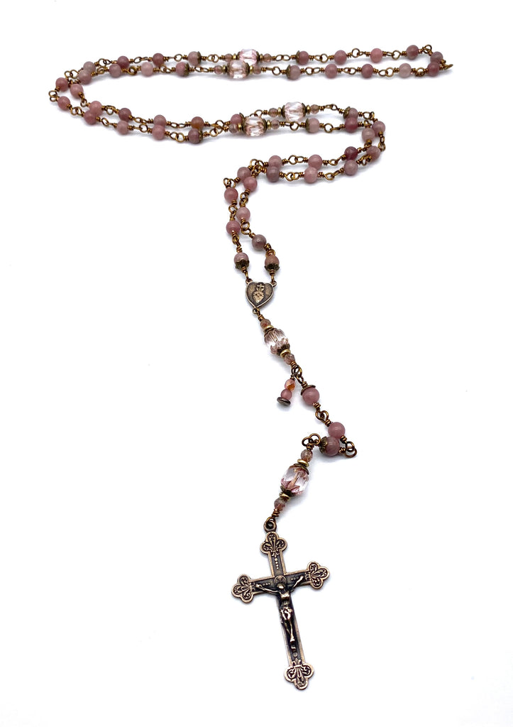 Strawberry Quartz Gemstone Wire Wrapped Catholic Heirloom Rosary Medium