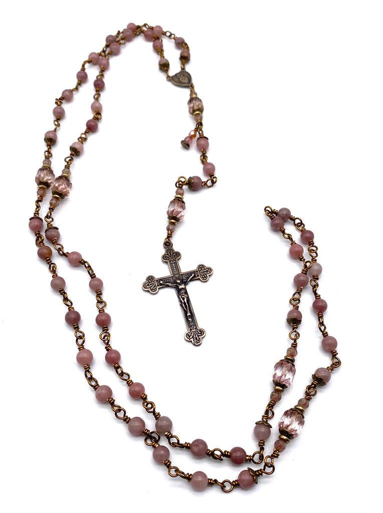 Strawberry Quartz Gemstone Wire Wrapped Catholic Heirloom Rosary Medium