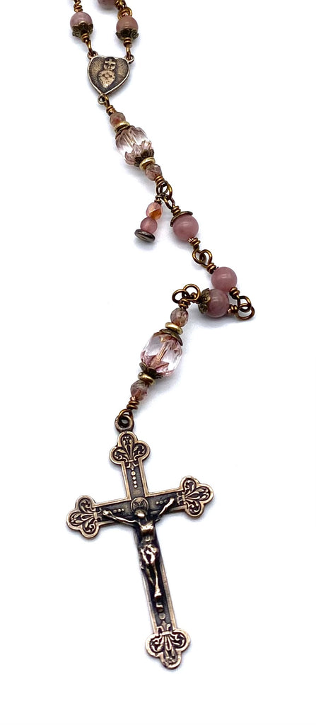 Strawberry Quartz Gemstone Wire Wrapped Catholic Heirloom Rosary Medium