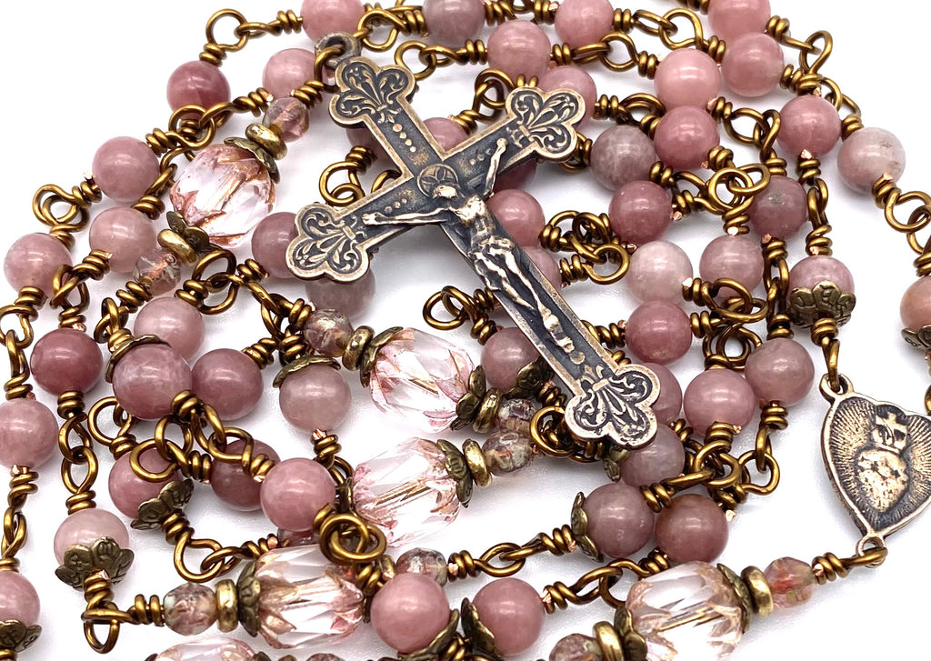 Strawberry Quartz Gemstone Wire Wrapped Catholic Heirloom Rosary Medium