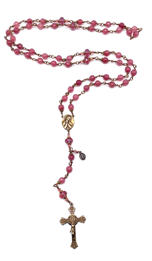 Strawberry Sorbet Jade Gemstone Wire Wrapped Catholic Heirloom Rosary LARGE