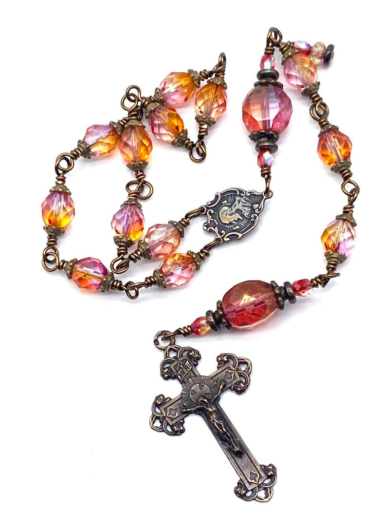 Sunset Fire Czech Glass Catholic Heirloom Travel Rosary