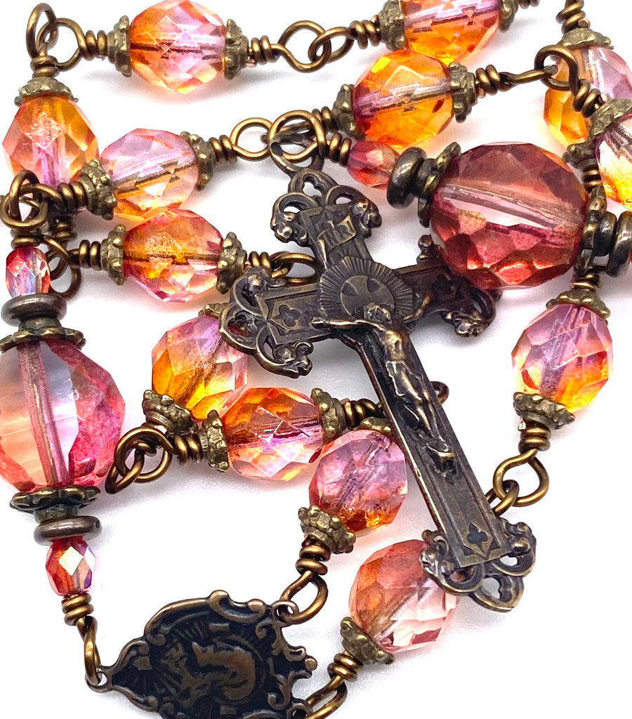 Sunset Fire Czech Glass Catholic Heirloom Travel Rosary