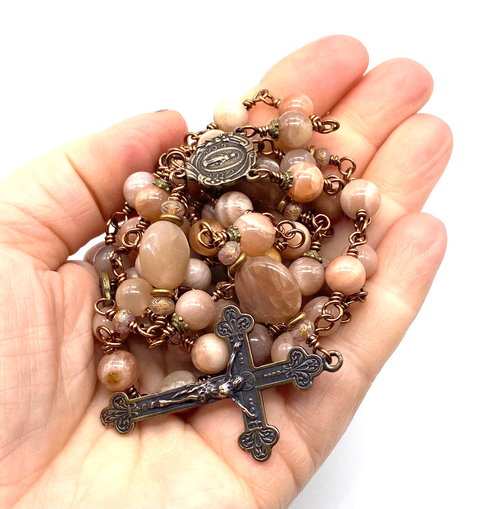 Sunstone Gemstone Wire Wrapped Catholic Heirloom Rosary LARGE
