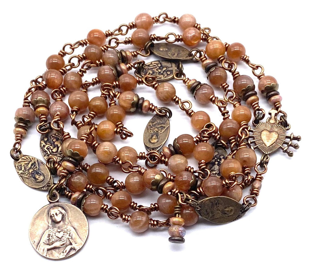 Sunstone Gemstone Wire Wrapped Catholic Heirloom Rosary of the Seven Sorrows Medium