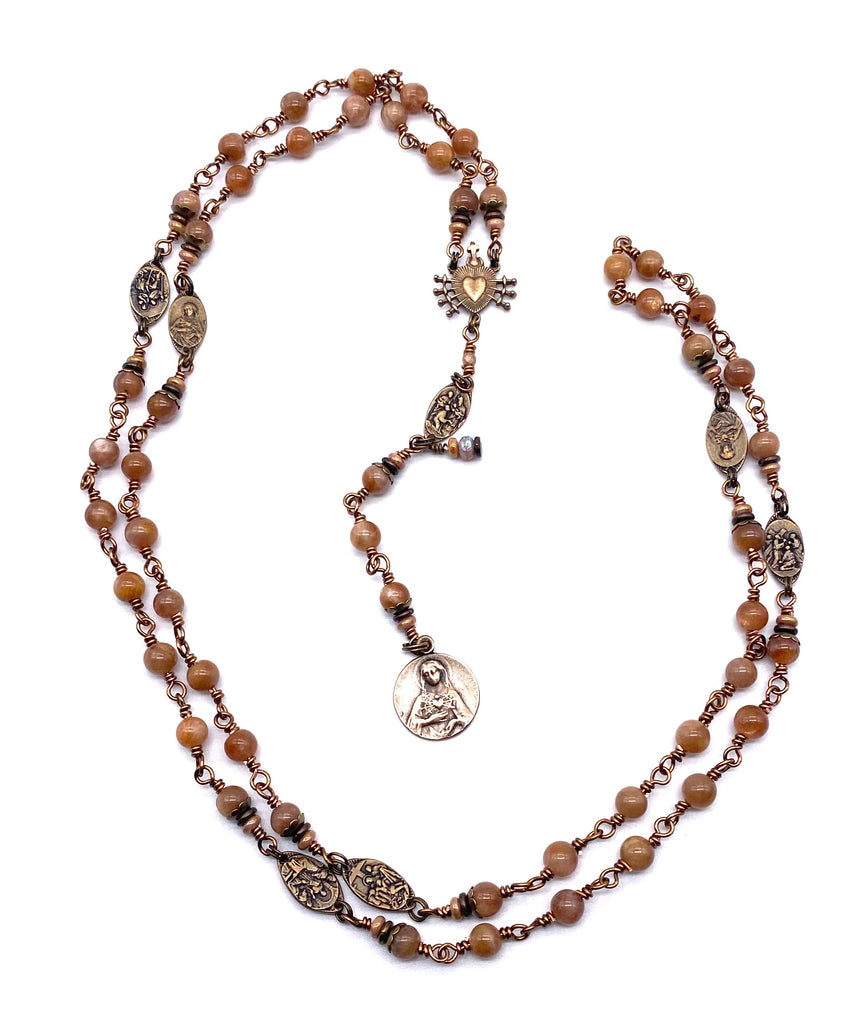 Sunstone Gemstone Wire Wrapped Catholic Heirloom Rosary of the Seven Sorrows Medium