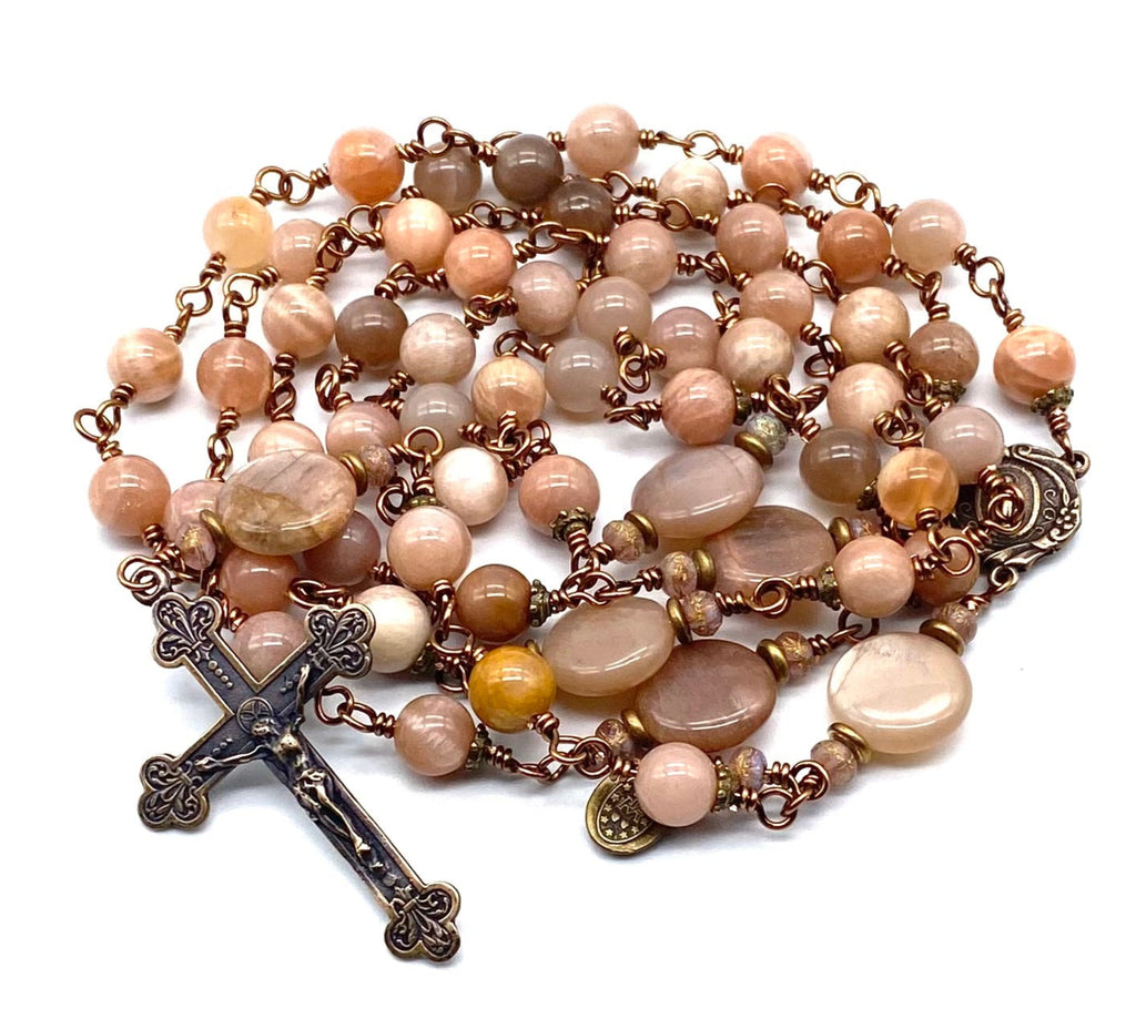 Sunstone Gemstone Wire Wrapped Catholic Heirloom Rosary LARGE