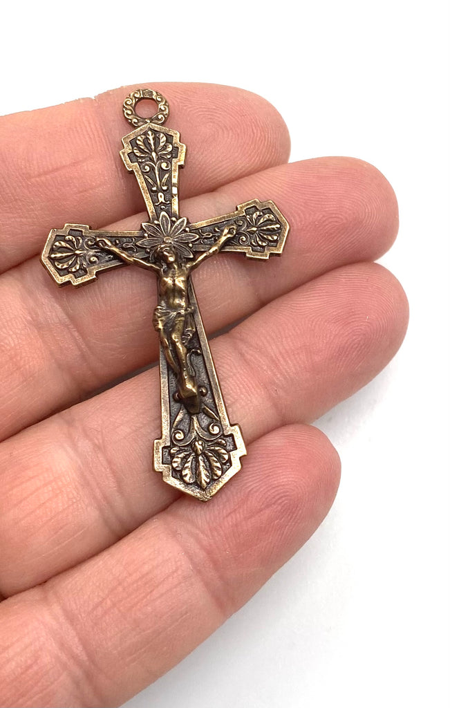 Solid Bronze THISTLE FLOWERS Rosary Crucifix Antique Vintage Reproduction #PG4133