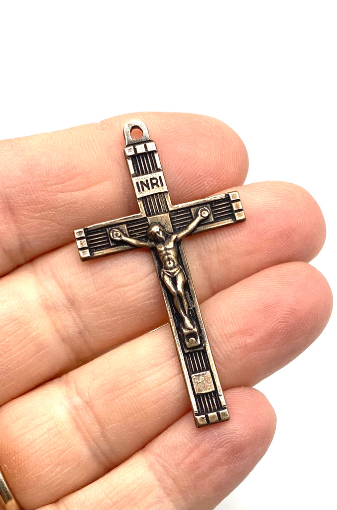Solid Bronze TRADITIONAL WITH LINES Rosary Crucifix Antique Vintage Reproduction #PG4145
