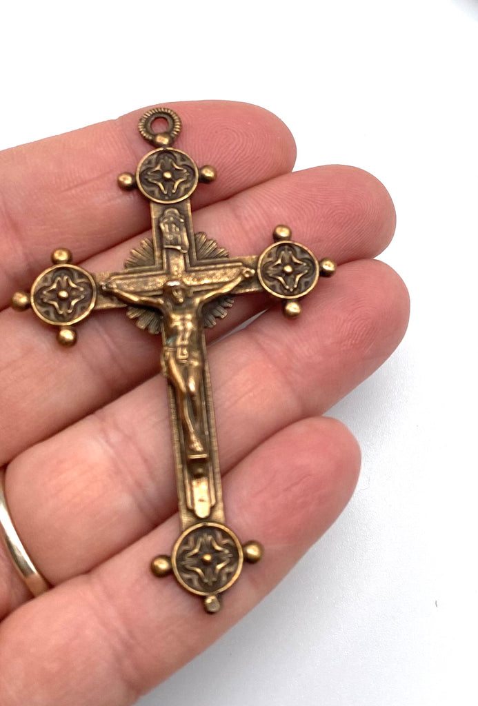 Solid Bronze CIRCLE POINTS LARGE Crucifix Rosary Parts Catholic Pendant Jewelry Religious Charms Antique Vintage Reproduction #PG4127