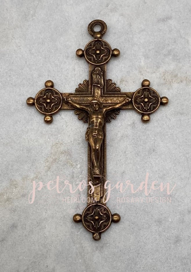 Solid Bronze CIRCLE POINTS LARGE Crucifix Rosary Parts Catholic Pendant Jewelry Religious Charms Antique Vintage Reproduction #PG4127