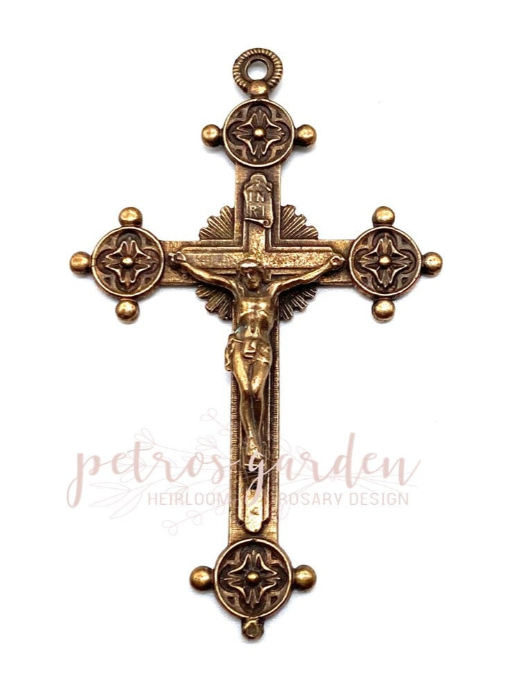 Solid Bronze CIRCLE POINTS LARGE Crucifix Rosary Parts Catholic Pendant Jewelry Religious Charms Antique Vintage Reproduction #PG4127