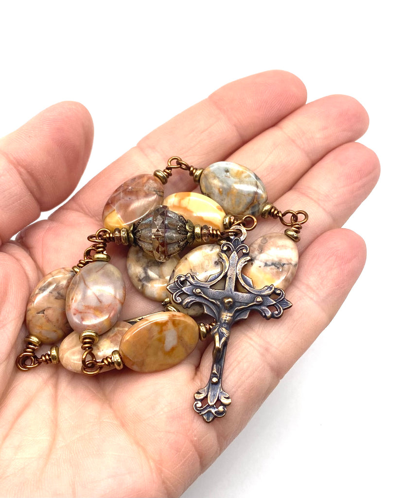 Venus Jasper Gemstone BIG BEAD Wire Wrapped Catholic Heirloom Tenner Rosary