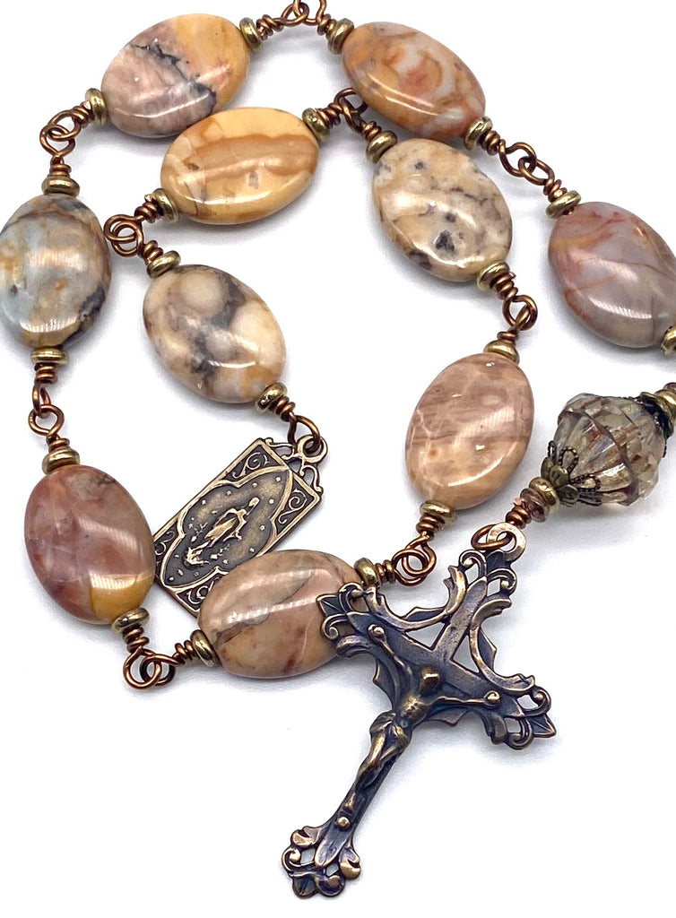 Venus Jasper Gemstone BIG BEAD Wire Wrapped Catholic Heirloom Tenner Rosary