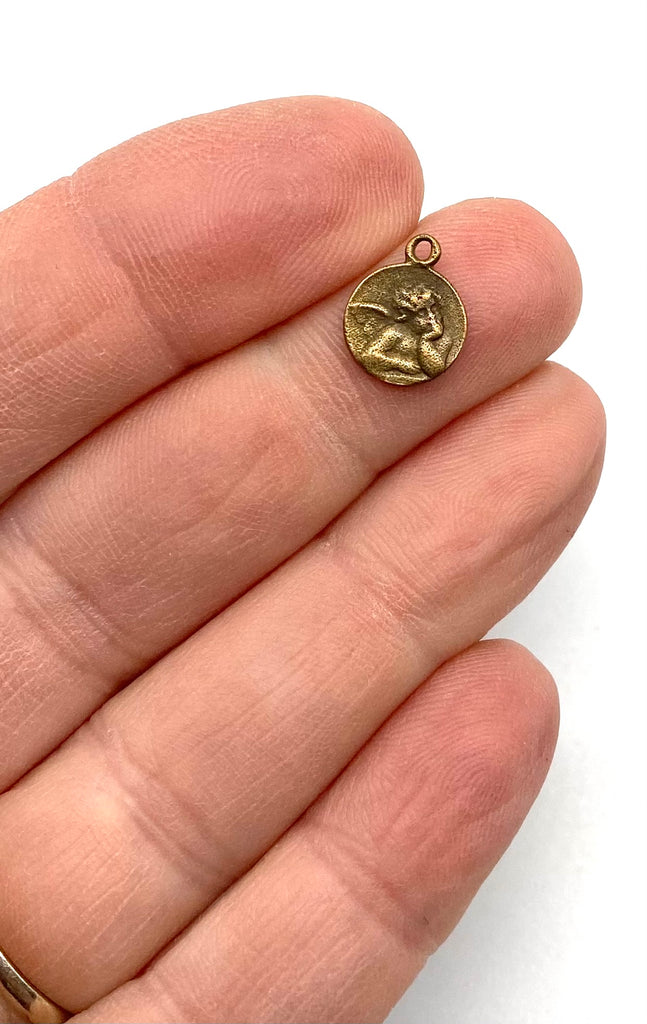 Solid Bronze VICTORIAN ANGEL TINY CHARM Catholic Medal, Rosary Parts, Religious Charms, Antique Vintage Reproduction #PG7169