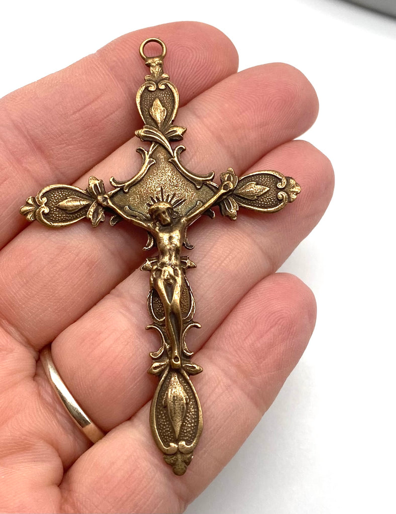Solid Bronze VICTORIAN LARGE Crucifix Rosary, Catholic Pendant, Antique/Vintage Reproduction PG#4119