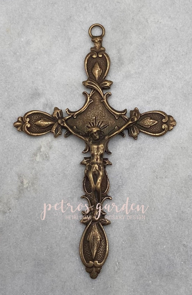 Solid Bronze VICTORIAN LARGE Crucifix Rosary, Catholic Pendant, Antique/Vintage Reproduction PG#4119