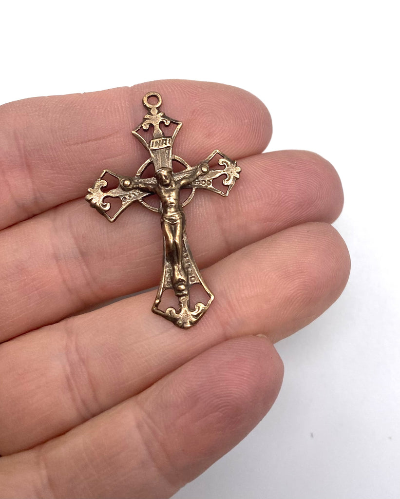 Solid Bronze VICTORIAN OPENWORK Petite Rosary Crucifix, Catholic Pendant, Antique/V