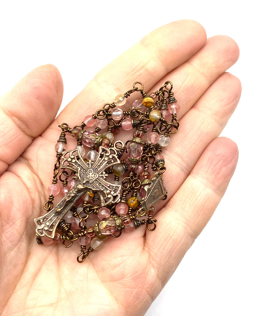 Watermelon Quartz Gemstone Wire Wrapped Catholic Heirloom Rosary PETITE