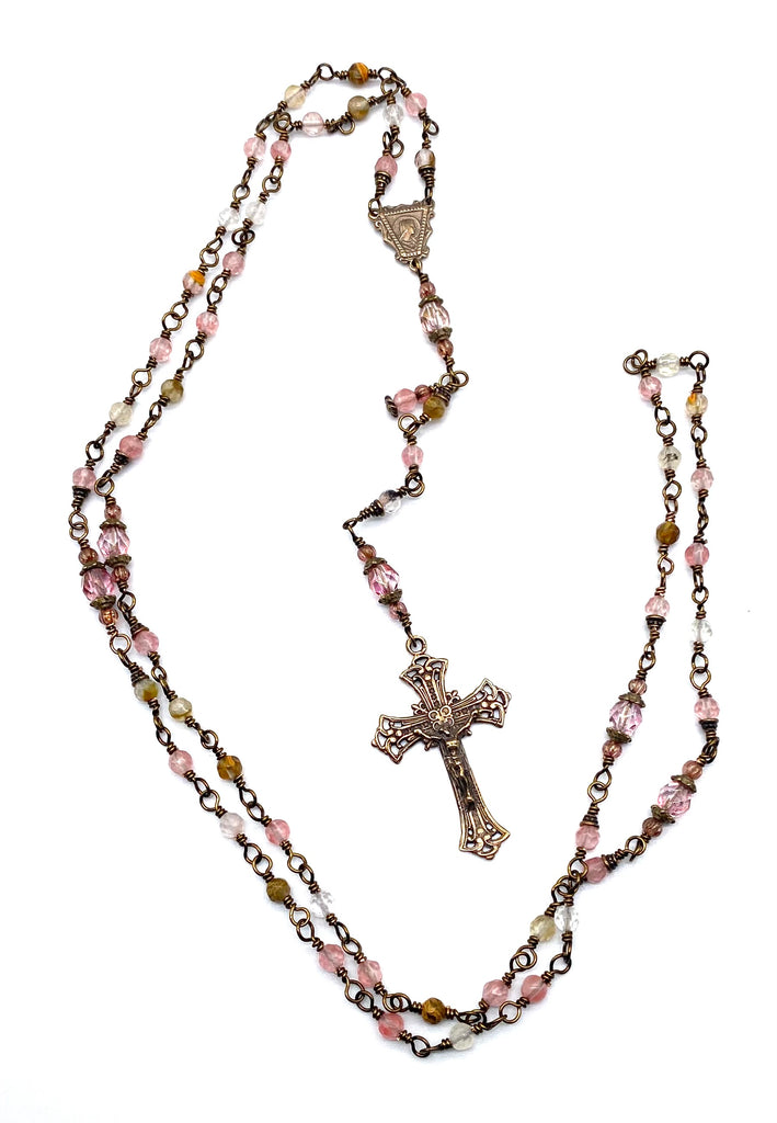Watermelon Quartz Gemstone Wire Wrapped Catholic Heirloom Rosary PETITE