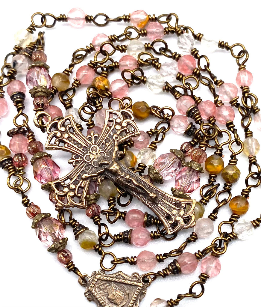 Watermelon Quartz Gemstone Wire Wrapped Catholic Heirloom Rosary PETITE