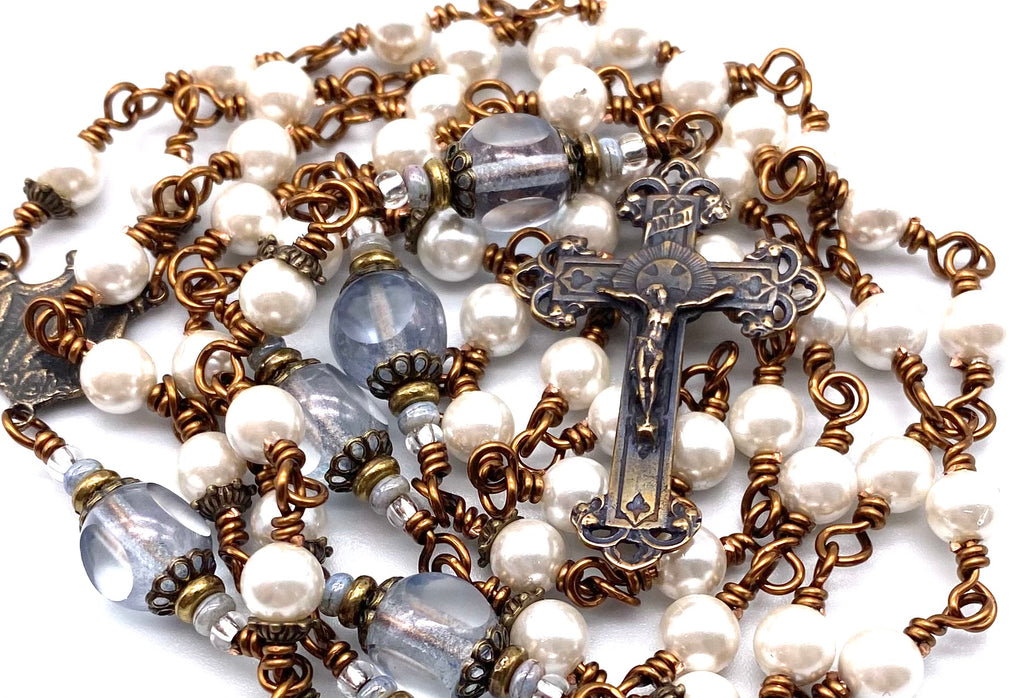 White Shell Pearl Wire Wrapped Catholic Heirloom Rosary Medium