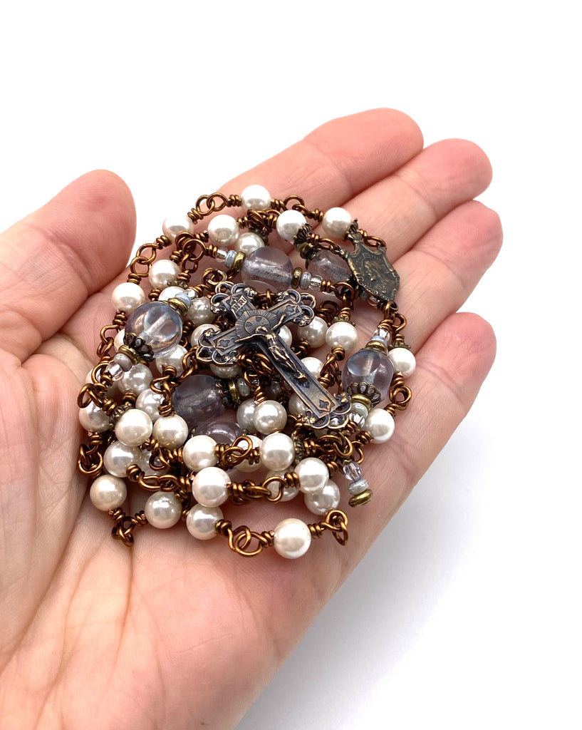 White Shell Pearl Wire Wrapped Catholic Heirloom Rosary Medium
