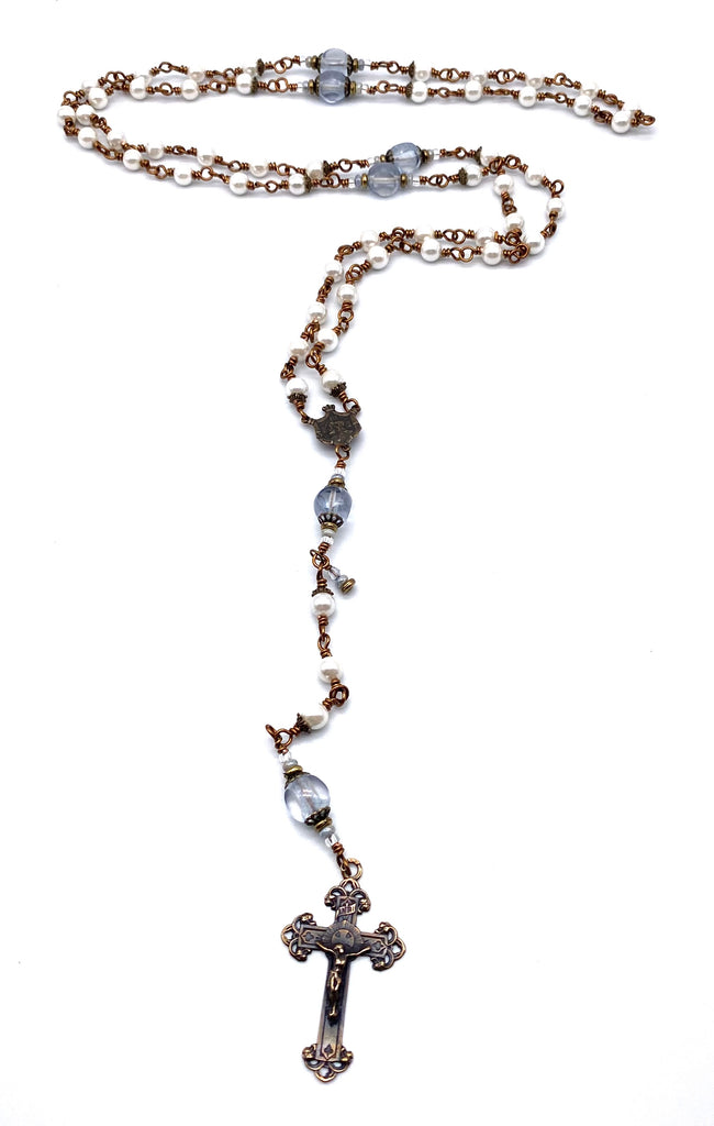 White Shell Pearl Wire Wrapped Catholic Heirloom Rosary Medium