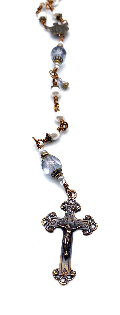 White Shell Pearl Wire Wrapped Catholic Heirloom Rosary Medium