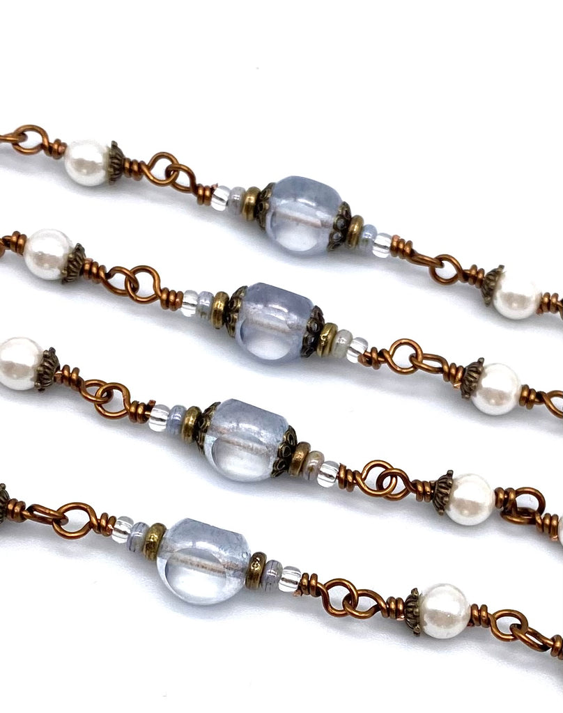 White Shell Pearl Wire Wrapped Catholic Heirloom Rosary Medium