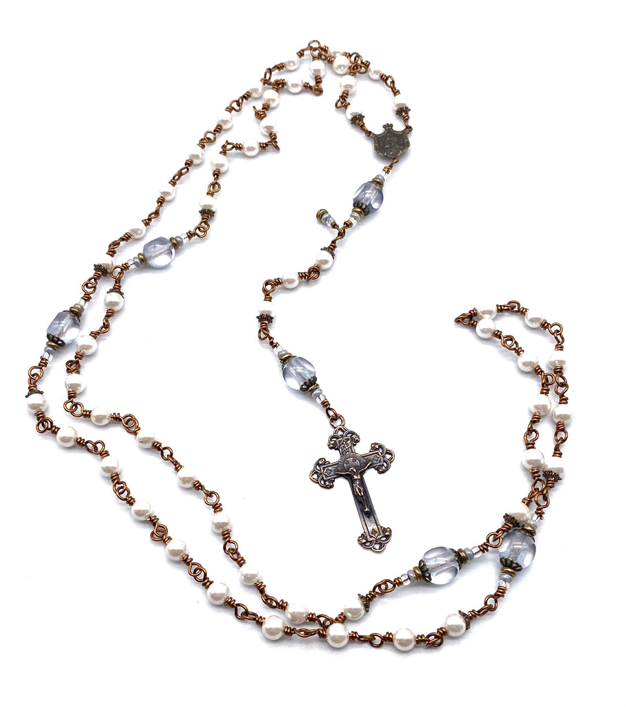 White Shell Pearl Wire Wrapped Catholic Heirloom Rosary Medium