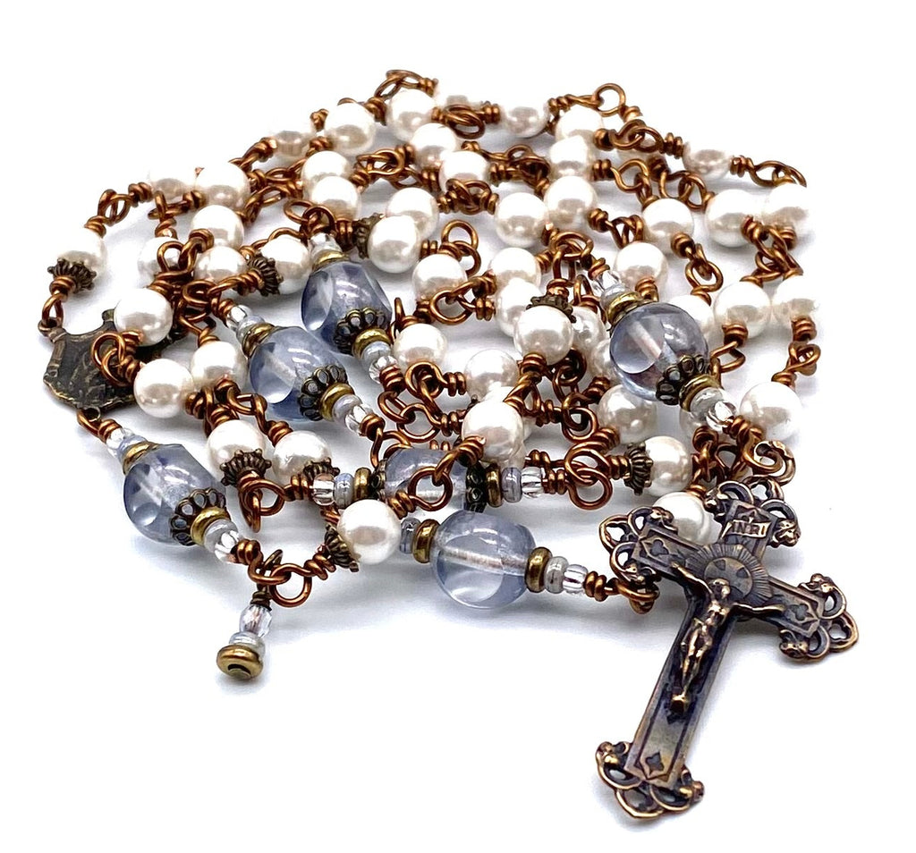 White Shell Pearl Wire Wrapped Catholic Heirloom Rosary Medium