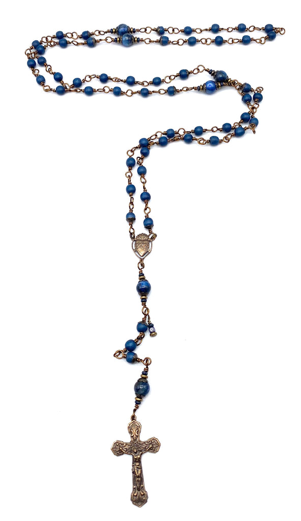 Wooden Navy Grey Wire Wraped Catholic Heirloom Rosary Medium