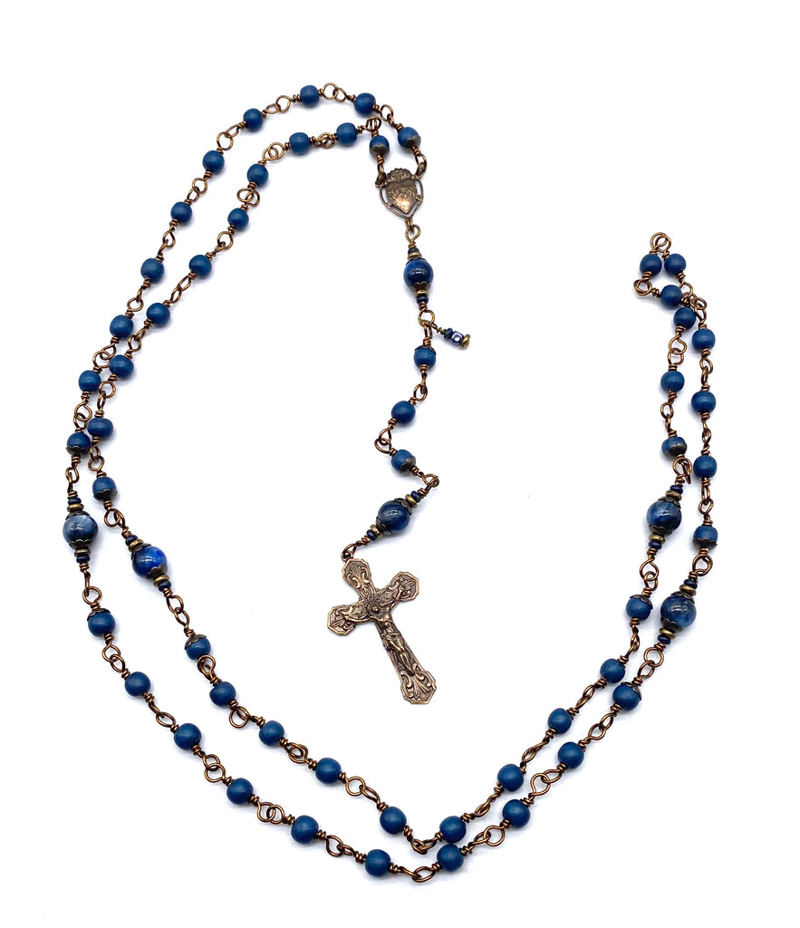 Wooden Navy Grey Wire Wraped Catholic Heirloom Rosary Medium