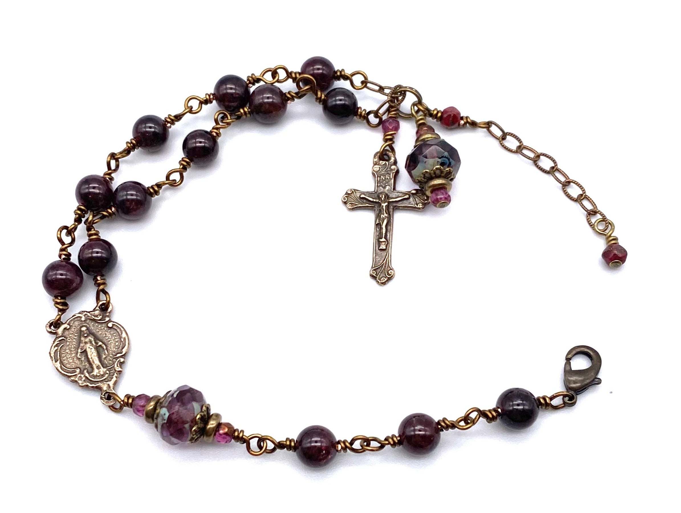 High Quality Garnet Rosary With Pardon Crucifix Wire-Wrapped in Bronze