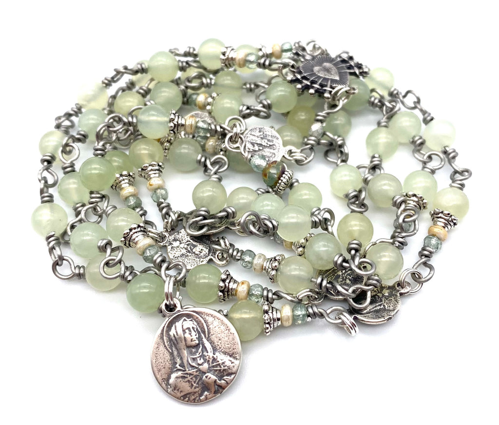 Sterling Silver Honeydew Jade Gemstone Wire Wrapped Catholic Heirloom Rosary of the Seven Sorrows Medium
