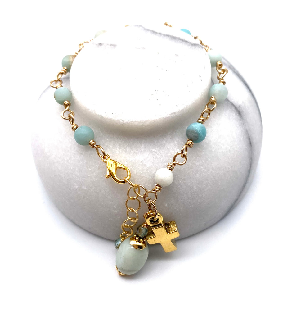Gold Amazonite Matte Gemstone Wire Wrapped Catholic Heirloom Rosary Devotional Bracelet