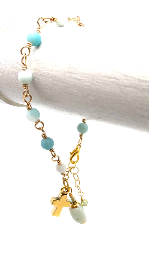 Gold Amazonite Matte Gemstone Wire Wrapped Catholic Heirloom Rosary Devotional Bracelet